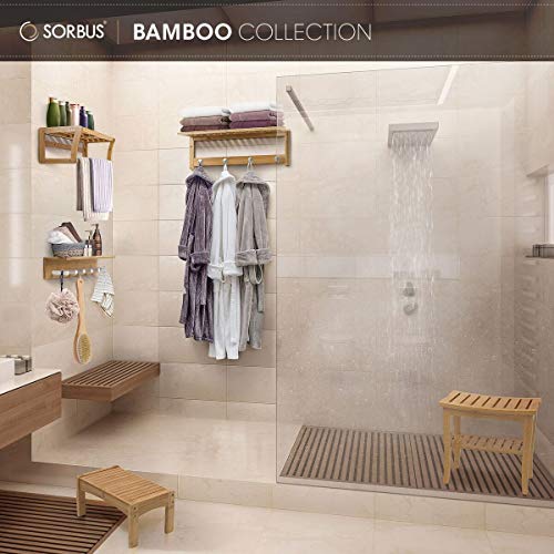 Sorbus Bamboo Shower Bench Stool with Shelf — 2-Tier Wood Storage & Seating for Bathroom, Shower Bench Chair, Bath Stool, Spa Sauna Seat