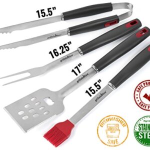 Grillaholics BBQ Grill Tools Set - 4-Piece Heavy Duty Stainless Steel Barbecue Grilling Utensils - Premium Grill Accessories for Barbecue - Spatula, Tongs, Fork, and Basting Brush (Grey)