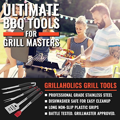 Grillaholics BBQ Grill Tools Set - 4-Piece Heavy Duty Stainless Steel Barbecue Grilling Utensils - Premium Grill Accessories for Barbecue - Spatula, Tongs, Fork, and Basting Brush (Grey)