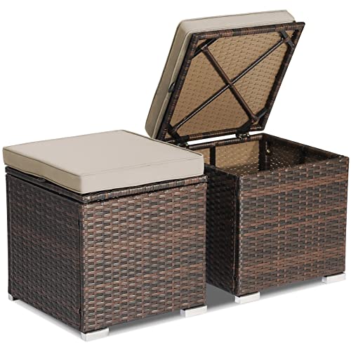 Tangkula 2 Pieces Patio Ottomans, Patiojoy Hand-Woven PE Rattan Side Table with Removable Cushion & Hidden Storage Space, Multifunctional Storage Box, Seat for Patio, Backyard, Poolside (Beige)