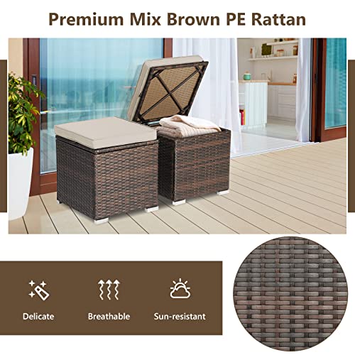 Tangkula 2 Pieces Patio Ottomans, Patiojoy Hand-Woven PE Rattan Side Table with Removable Cushion & Hidden Storage Space, Multifunctional Storage Box, Seat for Patio, Backyard, Poolside (Beige)