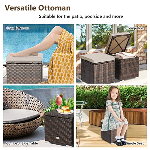 Tangkula 2 Pieces Patio Ottomans, Patiojoy Hand-Woven PE Rattan Side Table with Removable Cushion & Hidden Storage Space, Multifunctional Storage Box, Seat for Patio, Backyard, Poolside (Beige)