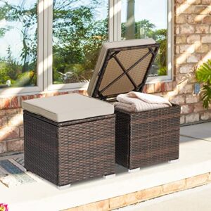 Tangkula 2 Pieces Patio Ottomans, Patiojoy Hand-Woven PE Rattan Side Table with Removable Cushion & Hidden Storage Space, Multifunctional Storage Box, Seat for Patio, Backyard, Poolside (Beige)