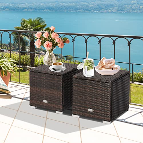 Tangkula 2 Pieces Patio Ottomans, Patiojoy Hand-Woven PE Rattan Side Table with Removable Cushion & Hidden Storage Space, Multifunctional Storage Box, Seat for Patio, Backyard, Poolside (Beige)