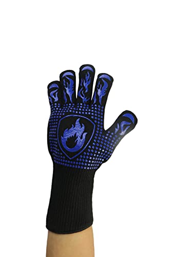 BBQ Gloves, 1472 Degrees Fahrenheit Heat-Resistant Barbecue Gloves Silicone Non-Slip Oven Gloves Long Kitchen Gloves for Grilling, Cooking, Baking, Frying, Winter Warmth (Flame Blue)