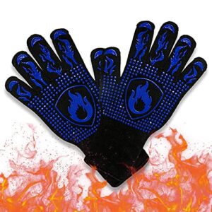 BBQ Gloves, 1472 Degrees Fahrenheit Heat-Resistant Barbecue Gloves Silicone Non-Slip Oven Gloves Long Kitchen Gloves for Grilling, Cooking, Baking, Frying, Winter Warmth (Flame Blue)