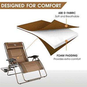 TIMBER RIDGE XXL Oversized Zero Gravity Chair, Full Padded Patio Lounger with Side Table, 33” Wide Reclining Lawn Chair, Support 500lbs (Brown)