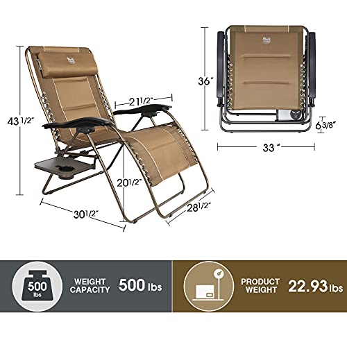 TIMBER RIDGE XXL Oversized Zero Gravity Chair, Full Padded Patio Lounger with Side Table, 33” Wide Reclining Lawn Chair, Support 500lbs (Brown)