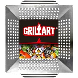grillart grill basket heavy duty -large grill baskets for outdoor grill vegetables -stainless steel veggie grilling basket/pan - lasting grill vegetable basket bbq grill accessories, gifts for dad men
