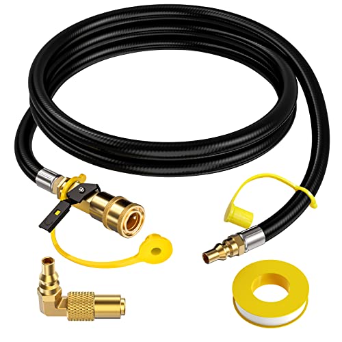 PatioGem 7 FT Quick Connect Propane Hose for RV to Grill, Propane Hose Adapter with 1/4" Shutoff Valve and 1/4" Male Full Flow Plug, LP RV Hose with Elbow Adapter for 17" and 22" Blackstone Griddles