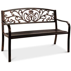 best choice products outdoor bench steel garden patio porch furniture for lawn, park, deck w/floral design backrest, slatted seat - brown