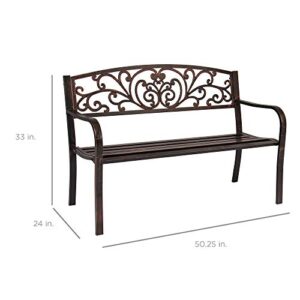 Best Choice Products Outdoor Bench Steel Garden Patio Porch Furniture for Lawn, Park, Deck w/Floral Design Backrest, Slatted Seat - Brown