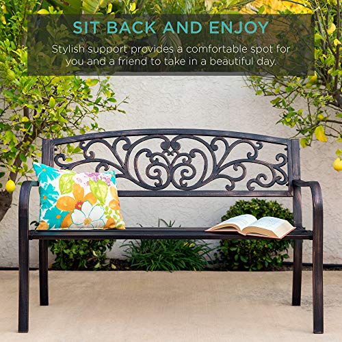 Best Choice Products Outdoor Bench Steel Garden Patio Porch Furniture for Lawn, Park, Deck w/Floral Design Backrest, Slatted Seat - Brown