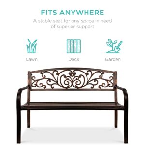 Best Choice Products Outdoor Bench Steel Garden Patio Porch Furniture for Lawn, Park, Deck w/Floral Design Backrest, Slatted Seat - Brown