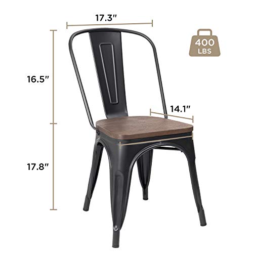 JUMMICO Metal Dining Chair Stackable Industrial Vintage Kitchen Chairs Indoor-Outdoor Bistro Cafe Side Chairs with Back and Wooden Seat Set of 4 (Black)