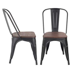 JUMMICO Metal Dining Chair Stackable Industrial Vintage Kitchen Chairs Indoor-Outdoor Bistro Cafe Side Chairs with Back and Wooden Seat Set of 4 (Black)