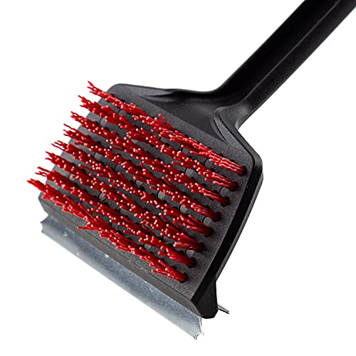 Dyna-Glo DG18RBN-D w Bristles and Stainless Steel Scraper 18" Flat Top Nylon Grill Brush, Black/red