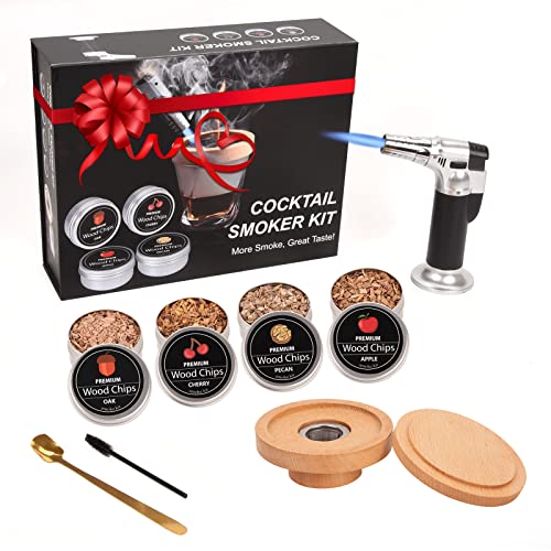 Cocktail Smoker Kit with Torch, Bourbon Whiskey Smoker Infuser Kit with 4 Flavors Wood Chips, Old Fashioned Smoker Kit with Drink Smoker Accessories as for Men, Dad, Husband