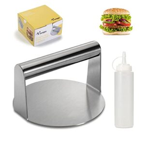 voowo burger press, 5.5inch smash burger press stainless steel burger smasher, round bacon press with 8 oz condiment squeeze bottles, perfect for flat top griddle grill cooking