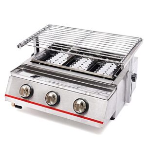tabletop grill,portable stainless steel smokeless lpg gas bbq grill with 3 independent switches,2800pa,perfect for camping, parties,barbeque,picnics or any outdoor use (3 burners)