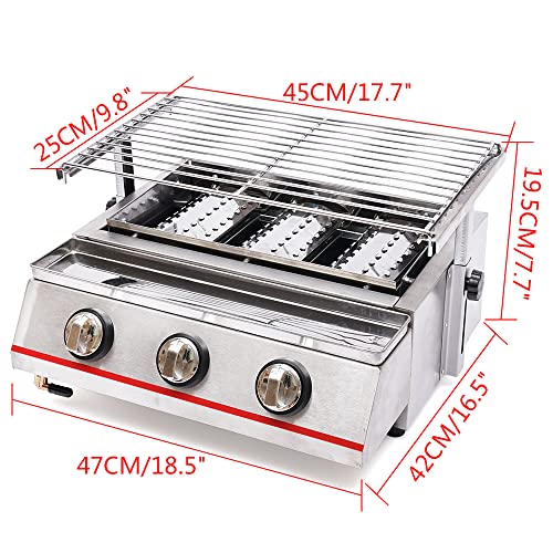 Tabletop Grill,Portable Stainless Steel Smokeless LPG Gas BBQ Grill with 3 Independent Switches,2800PA,Perfect for Camping, Parties,Barbeque,Picnics or any Outdoor Use (3 Burners)