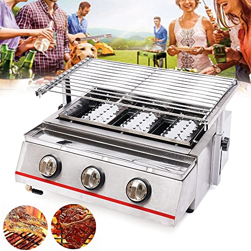 Tabletop Grill,Portable Stainless Steel Smokeless LPG Gas BBQ Grill with 3 Independent Switches,2800PA,Perfect for Camping, Parties,Barbeque,Picnics or any Outdoor Use (3 Burners)