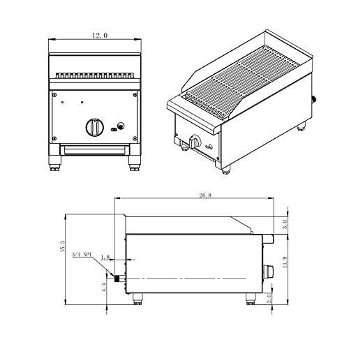 ERUPTA Commercial gas Charbroilers 12'' Natural/Propane Gas grill with 1 Burners BTU 28,000 Restaurant Equipment