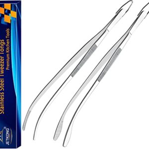 JETKONG 2 Pcs 12'' Curved Kitchen Tweezers Stainless Steel Long Tweezer Tongs Professional Chef Tweezers for Cooking, Grilling and BBQ (Silver)