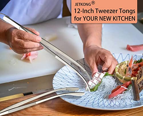 JETKONG 2 Pcs 12'' Curved Kitchen Tweezers Stainless Steel Long Tweezer Tongs Professional Chef Tweezers for Cooking, Grilling and BBQ (Silver)