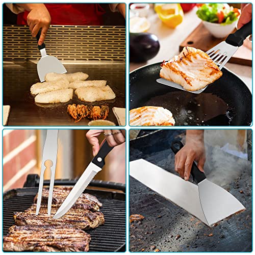 Leonyo Griddle Accessories Set of 27, Heavy Duty Stainless Steel Grill Griddle Metal Spatulas for Cast Iron Flat Top, Burger Press, Rectangular Basting Cover, 2 Square Melting Domes, 2 Carry Bags