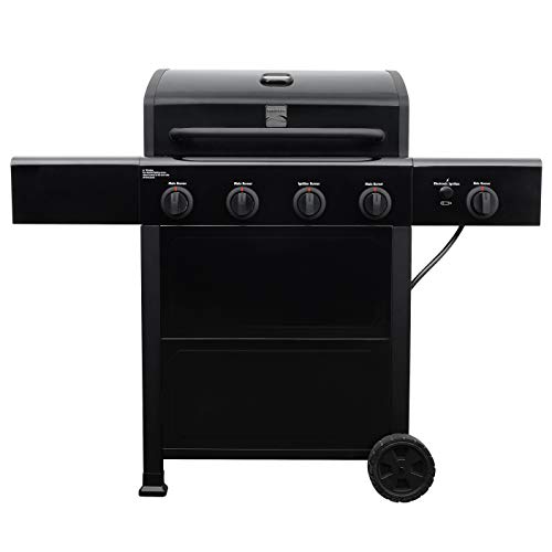 Kenmore PG-A40406S0L-1 BBQ Grill | 4-Burner Outdoor Barbecue Liquid Propane BBQ Gas Grill with Side Burner and Side Tables, 53000 BTU, Open Cart, Black