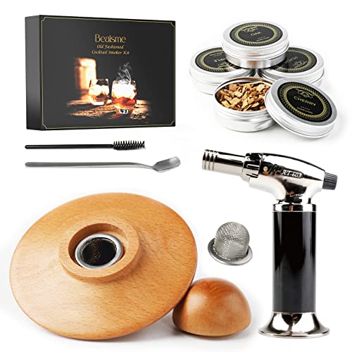 Whiskey Cocktail Smoker Kit with Torch - Beaisme Bourbon Drink Smoker Kit Old Fashioned Drink Infuser Kit with 4 Flavors Wood Chips Festival Gifts for Friends Husband Dad (No Butane)