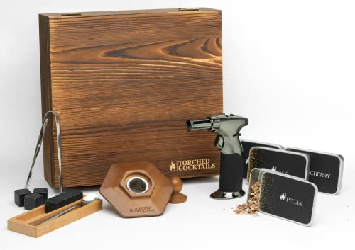 Torched Cocktails Whiskey Smoker Kit - Cocktail Smoker Kit, Torch, Wooden Gift Box, 4 Wood Chips Flavors, Whisky Stones, Tongs, and Spoon - Old Fashioned Smoker Kit for Bourbon, Wine, Beer