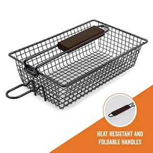 Yukon Glory Premium Grilling Basket, Designed Grill Vegetables, Seafood, Poultry and Meats, Unique Locking Mechanism to Easily Flip Food, Foldable Handle for Compact Storage