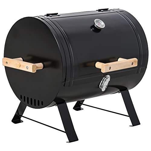 Outsunny 20" Mini Small Smoker Charcoal Grill Side Fire Box, Portable Outdoor Camping Barbecue Grill with Wooden Handles