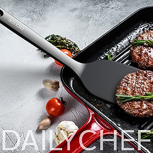 Dailychef Large Silicone XL Turner Set Black - Slotted Turner Wide Spatula Pancake Flipper