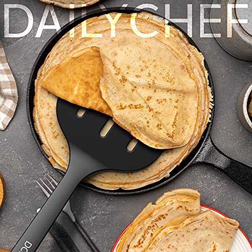 Dailychef Large Silicone XL Turner Set Black - Slotted Turner Wide Spatula Pancake Flipper