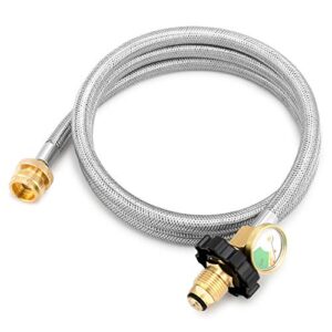 kohree propane adapter hose 1lb to 20lb converter, 5ft stainless braided pol propane hose with gauge for buddy heater, coleman stove, tabletop grill and more 1 lb portable appliance to 5-100 lb tank
