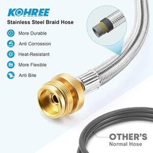 Kohree Propane Adapter Hose 1lb to 20lb Converter, 5FT Stainless Braided POL Propane Hose with Gauge for Buddy Heater, Coleman Stove, Tabletop Grill and More 1 LB Portable Appliance to 5-100 LB Tank