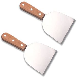 zinc weald grill scraper for griddle- 2pcs stainless steel slant grill spatula scraper diner flat straight blade with riveted wooden handle for teppanyaki, bbq, dough pancake and pizza