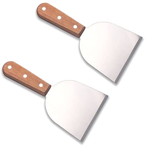 ZINC WEALD Grill Scraper for Griddle- 2pcs Stainless Steel Slant Grill Spatula Scraper Diner Flat Straight Blade with Riveted Wooden Handle for Teppanyaki, BBQ, Dough Pancake and Pizza