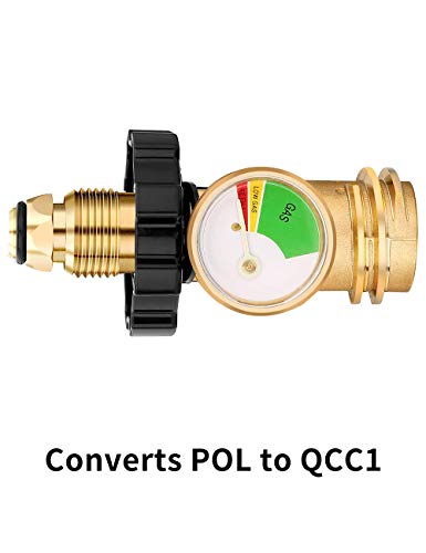 REFFU POL Propane Tank Adapter with Gauge Converts POL LP Tank Service Valve to QCC1 / Type 1, Old to New Connection Type, Propane Tank Gauge for BBQ Gas Grill, Propane Cylinder,RV Camper,Heater