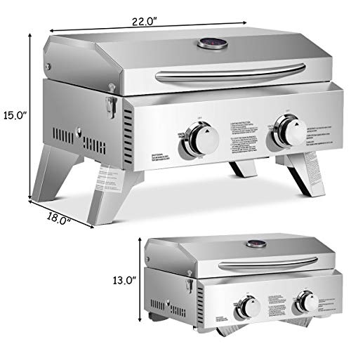 Giantex Portable Gas Grill with 2 Burner, Max. 20,000 BTU total, Folding Legs, Built-in Thermometer, Travel Locks, Stainless Steel Tabletop Propane Gas Grill for Camping Picnic Cookout RV BBQ