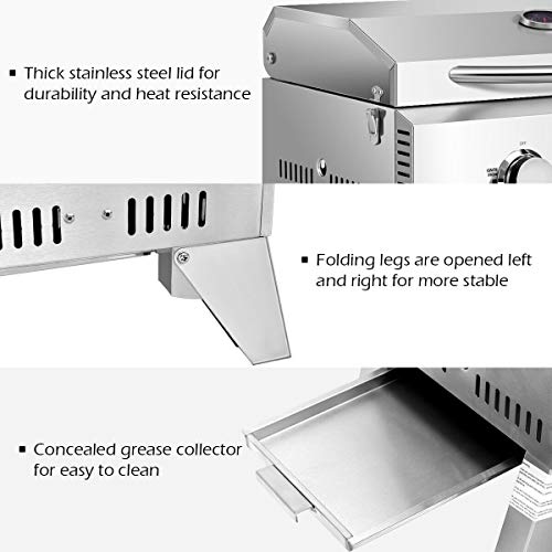 Giantex Portable Gas Grill with 2 Burner, Max. 20,000 BTU total, Folding Legs, Built-in Thermometer, Travel Locks, Stainless Steel Tabletop Propane Gas Grill for Camping Picnic Cookout RV BBQ