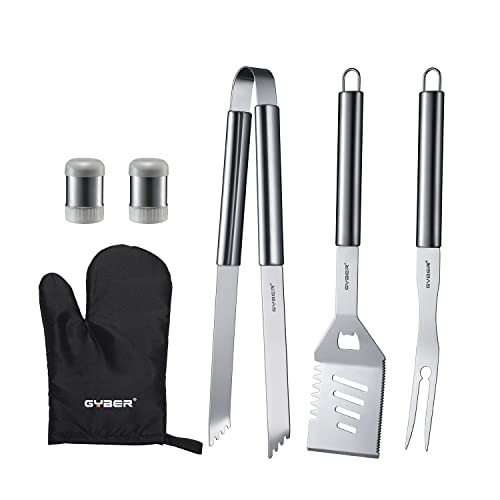 GYBER 6 Pcs BBQ Grill Tool Set, Stainless Steel Spatula, Fork, Tongs, Kitchen Coking Barbecue Camping Utensil Kit - Perfect Grill Accessories, Box Package