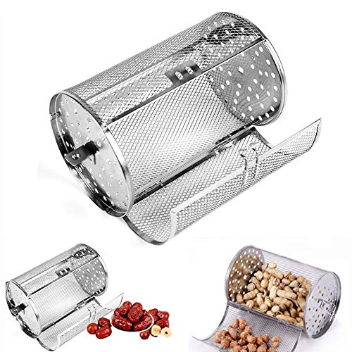 GEZICHTA BBQ Grill Roaster,Stainless Steel Grilled Cage,BBQ Rolling Grill Basket for Vegetables,Rotisserie Grill Peanut Beans French Fries Basket,Silver Grilling Accessories(2211.7 cm)