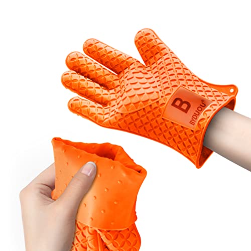 BYDUOU Grilling Gloves Heat Resistant BBQ Gloves Kitchen Silicone Oven Gloves Safe Handling of Hot Food Pots and Pans for Barbecue Cooking Baking(Orange)