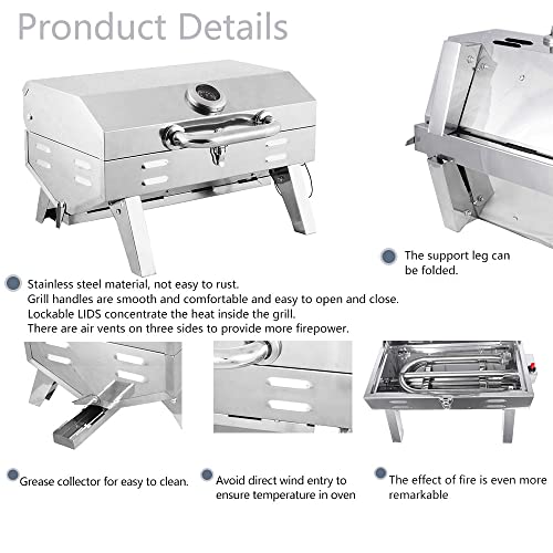 Supllueer Tabletop Propane Grill, Stainless Steel Professional Gas Grill 20,000 BTU BBQ Tabletop Gas Grill for Outdoor Cooking Patio Garden BBQ Picnic