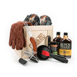 man crates pit master barbecue crate – the ultimate bbq gift for men – includes meat claws, barbecue rub, sauces, leather gloves & more – ships in a sealed wooden crate with a laser-etched crowbar