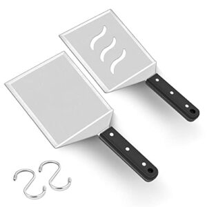 joyfair metal burger spatulas set of 2, stainless steel hamburger turner for griddle flat top barbecue, large wide thick spatula with hook, great for grilling flipping cooking kitchen restaurant